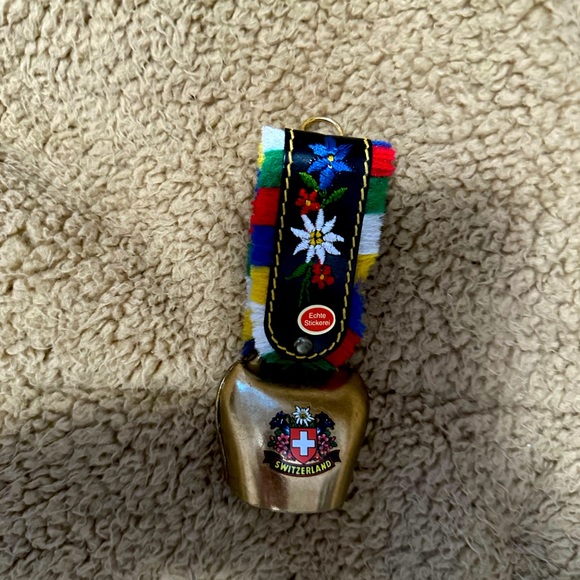 Accents Swiss Hand Painted Brass Cow Bell Leather Fringed Strap